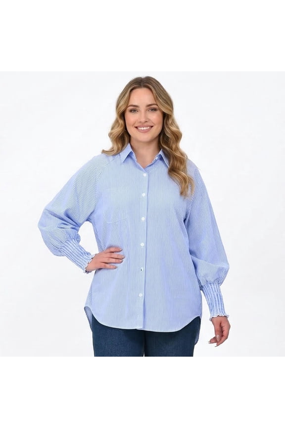 Womens Casual Striped Button Down Shirt Long Sleeve Smocked Cuffed Blouse with Pocket Oversized Boyfriend Fit Top