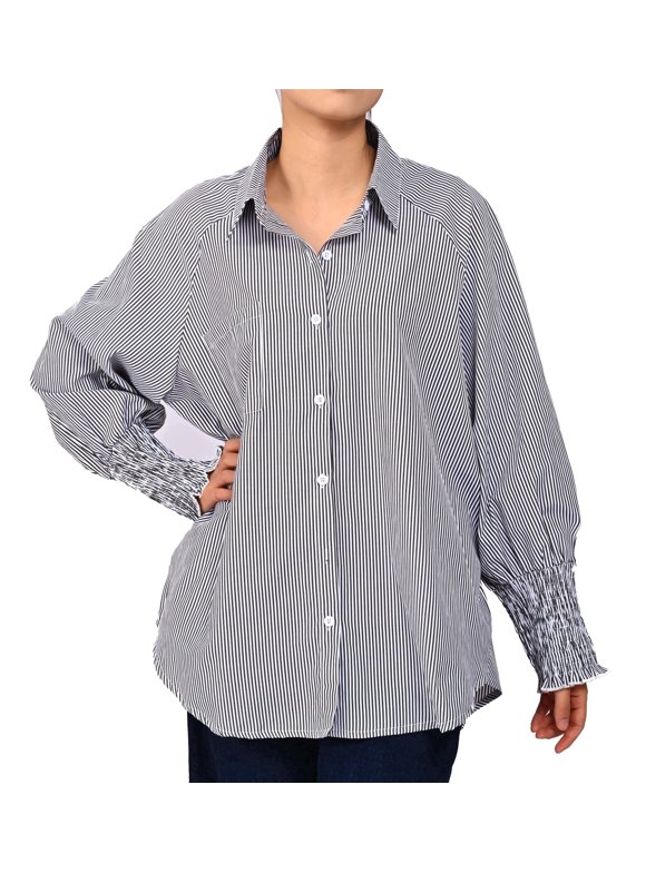 Casual Button Down Shirt for Women Long Sleeve Oversized Striped Shirt with Pocket Smocked Cuffed Boyfriend Shirt