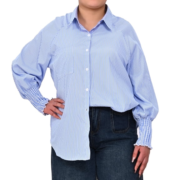 Gingprous Casual Button Down Shirt for Women Long Sleeve Oversized Striped Shirt with Pocket Smocked Cuffed Boyfriend Shirt
