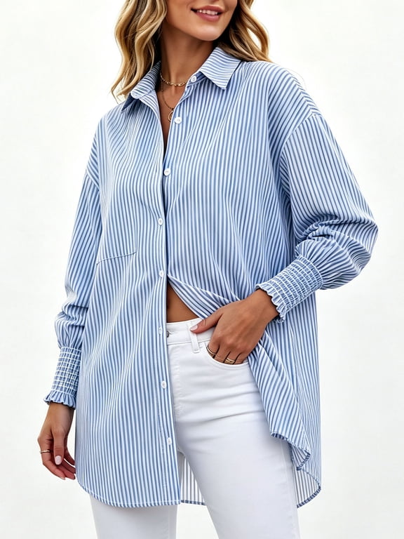 Striped Oversized Button-Up Shirt with Smocked Cuffs (Women's)
