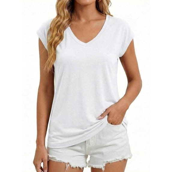 Gingprous Womens V-Neck Cap Sleeve T-Shirt Casual Loose Fit Basic Tee Summer Top