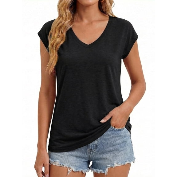 Gingprous Womens V-Neck Cap Sleeve T-Shirt Casual Loose Fit Basic Tee Summer Top