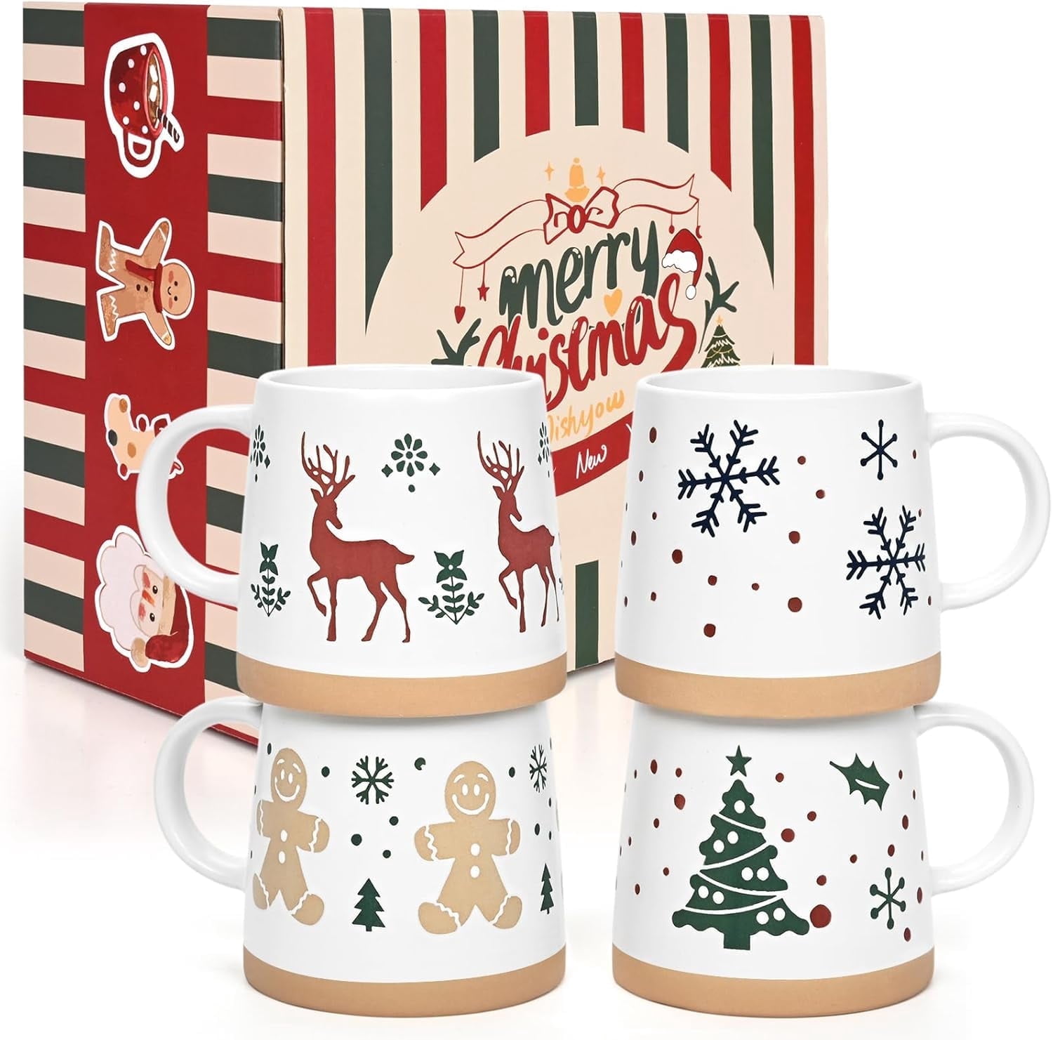 Gingprous Christmas Coffee Mugs Set of 4, Holiday Mugs with Festive Christmas Themed Design, 14 Oz Hot Cocoa Mugs, Family Gifts for Christmas