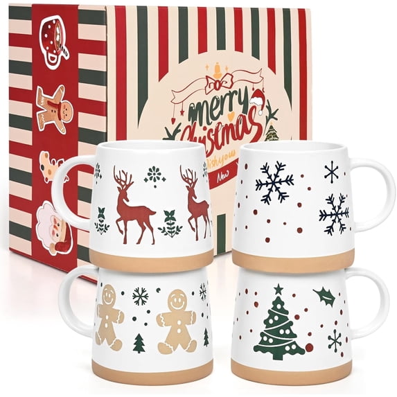 Gingprous Christmas Coffee Mugs Set of 4, Holiday Mugs with Festive Christmas Themed Design, 14 Oz Hot Cocoa Mugs, Family Gifts for Christmas
