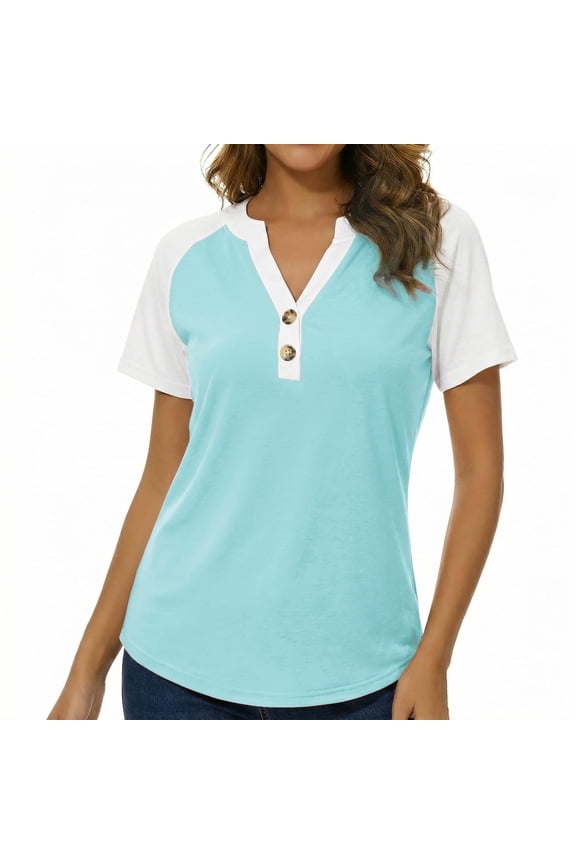 Women's Casual Henley Shirt Short Sleeve Color Block Button Up V-Neck Tee Tops for Summer