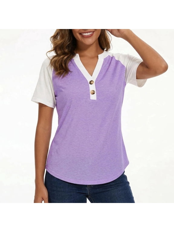 Women's Casual Henley Shirt Short Sleeve Color Block Button Up V-Neck Tee Tops for Summer