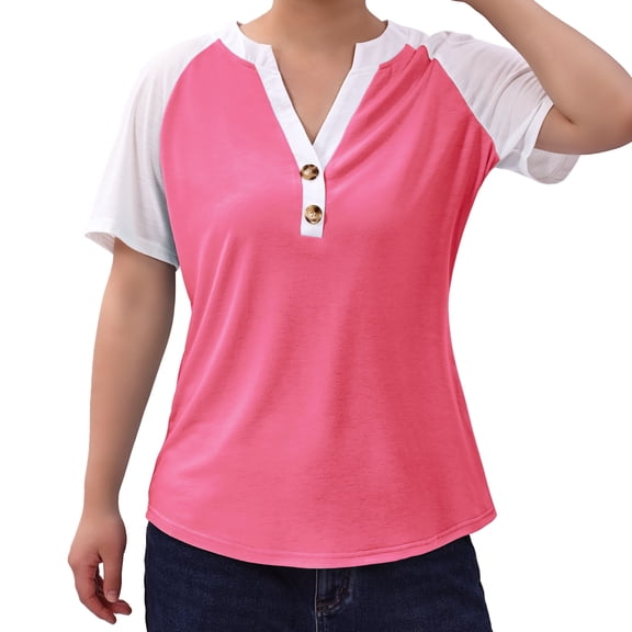Gingprous Henley Shirt for Women Casual Short Sleeve Button Up Shirt Color Block Tee Tops