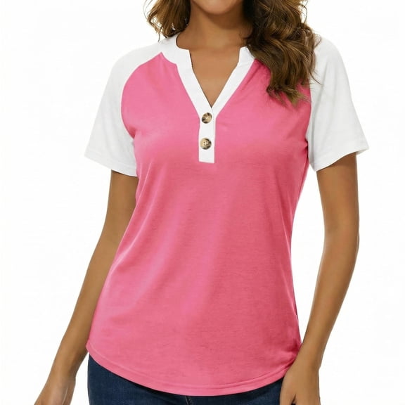 Gingprous Women's Casual Henley Shirt Short Sleeve Color Block Button Up V-Neck Tee Tops for Summer