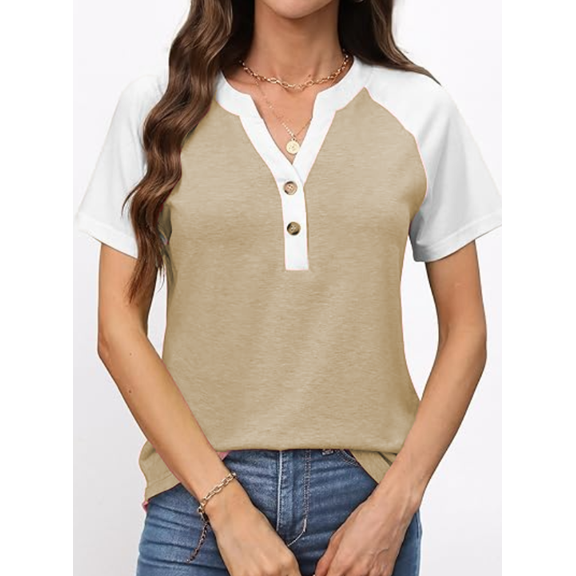 Gingprous Henley Shirt for Women Casual Short Sleeve Button Up shirt Color Block Tee Tops