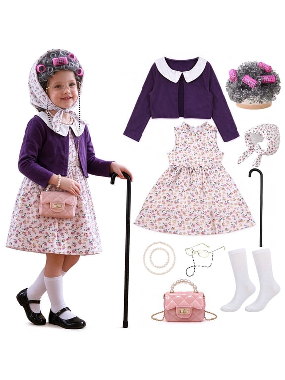 Girls Dress Up Set Old Lady Costume Set 100 Days of School Fancy Dress with Wig Granny Outfit Ages 3–10