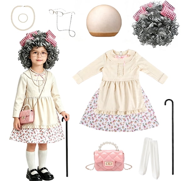 Gingprous Old Lady Dress Up for Kids 100th Day of School Granny Wig Accessories Outfit for Halloween Costume Daily Wear