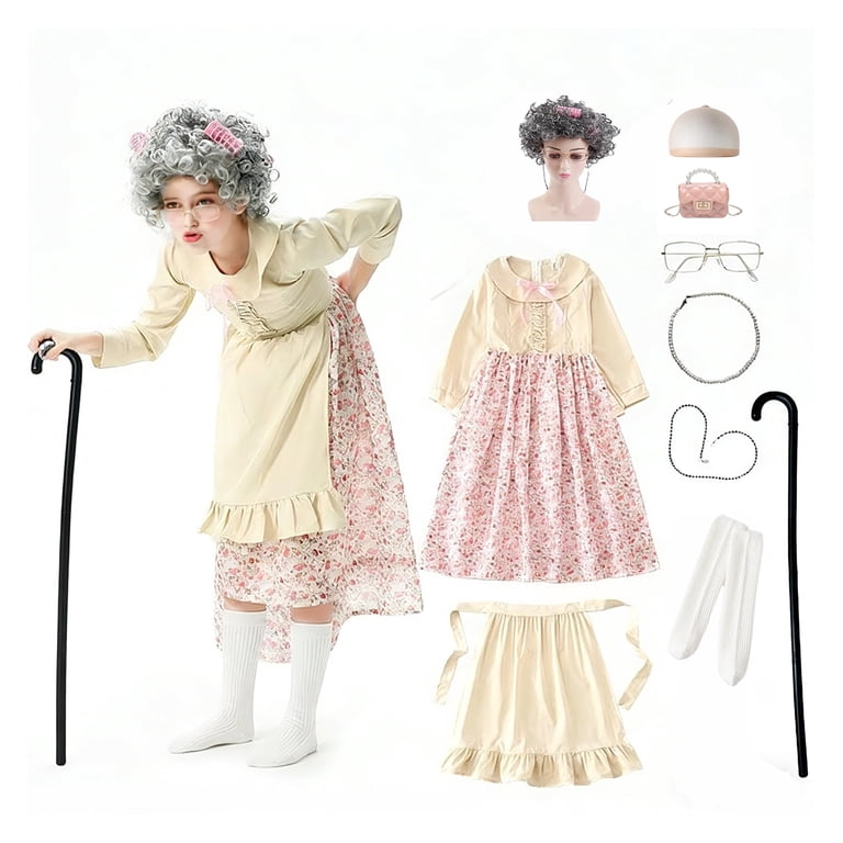 old lady fancy dress costume Gingprous Old Lady Dress Up for Kids 100th Day of School Granny Wig  Accessories Outfit for Halloween Costume Daily Wear