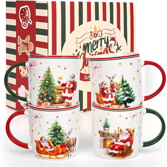Gingprous Set of 4 Christmas Coffee Mugs Set, 11 Oz Ceramic Christmas Mug, Santa Christmas Tree Holiday Mug Decor, Marry Christmas Gifts for Women Kids