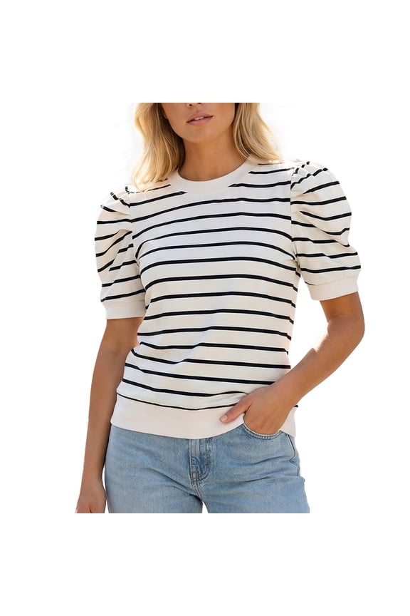 Womens Puff Short Sleeve Tshirt Trendy Striped Knit Tops Casual Spring Summer Crewneck Blouse