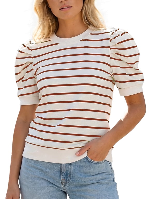 Women's Puff Sleeve Striped Knit Top – Lightweight Crewneck Sweater with Cotton,Casual Fall Spring Summer Blouse