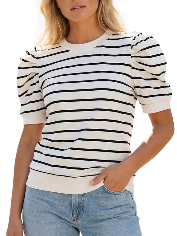 Womens Puff Short Sleeve Striped Knit Top Casual Crewneck Blouse for Spring Summer