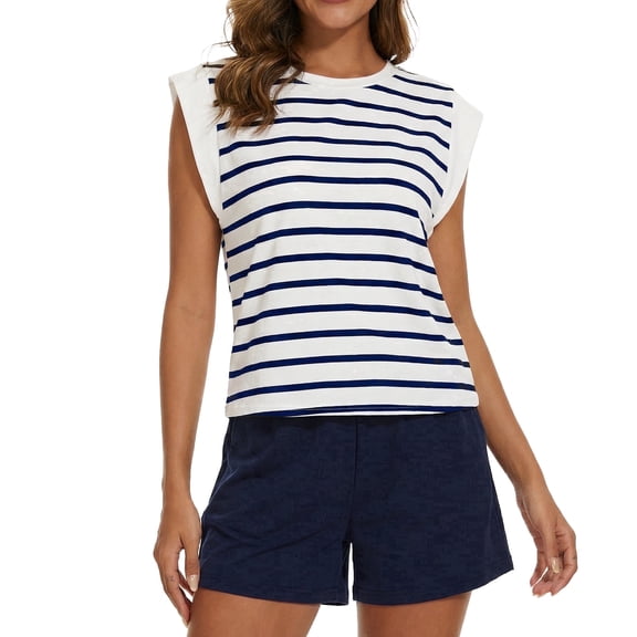Gingprous Women Striped 2 Piece Outfit Cap Sleeve Top Drawstring Shorts Summer Lounge Matching Set