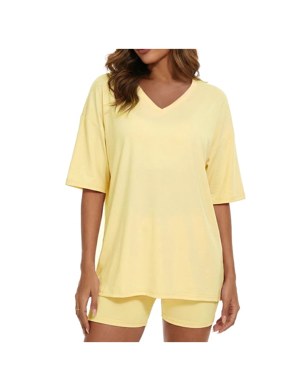 2 Piece Lounge Set for Women Oversized Tshirts with Shorts Casual Tops V Neck Summer Outfits