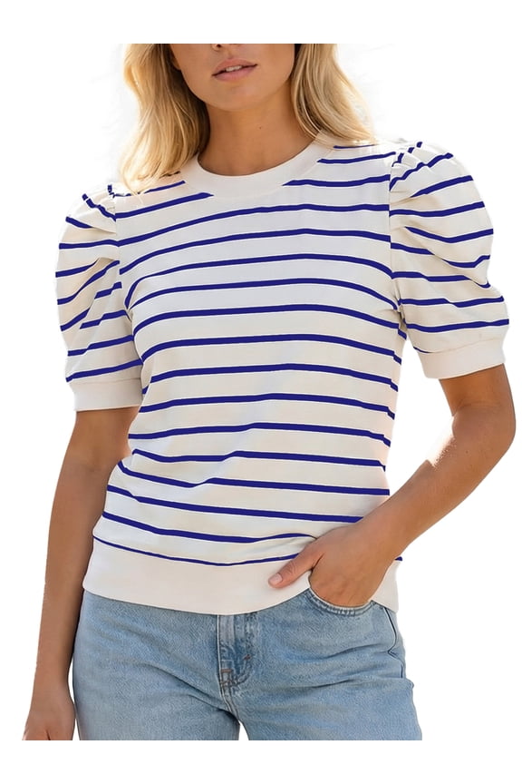 Womens Striped Puff Sleeve T-Shirt Casual Crew Neck Knit Top Short Sleeve Summer Spring Blouse