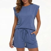 Gingprous Women 2 Piece Outfit Cap Sleeve Top Drawstring Shorts Summer Lounge Matching Set With Pockets