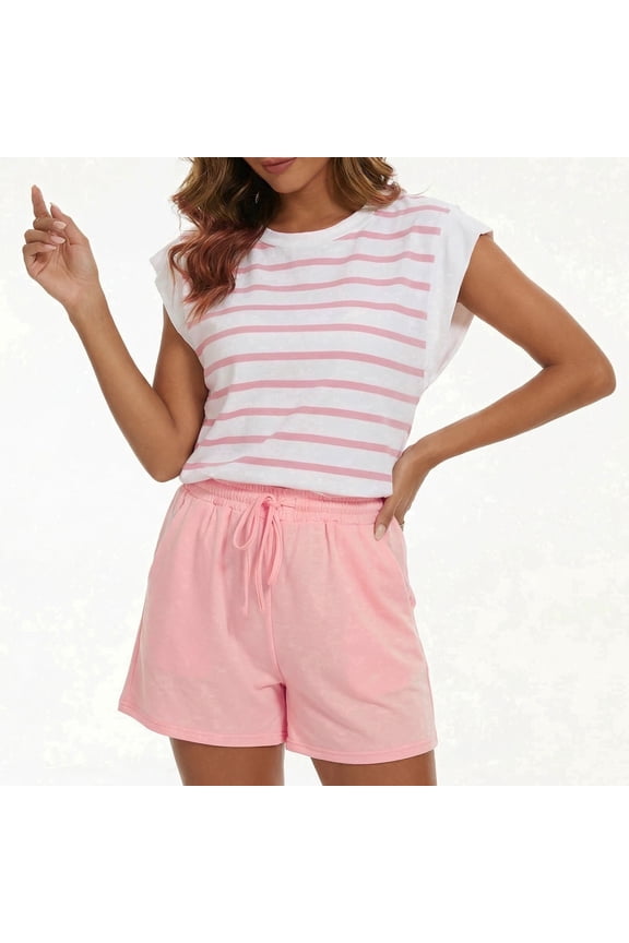 Womens 2 Piece Loungewear Set Striped Cap Sleeve Top and Elastic Waist Casual Shorts Lightweight Sportswear for Summer