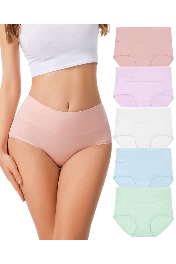 Womens Cotton Underwear High Waist Full Coverage Briefs Soft Breathable Panties Stretch Underpants 5 Pack