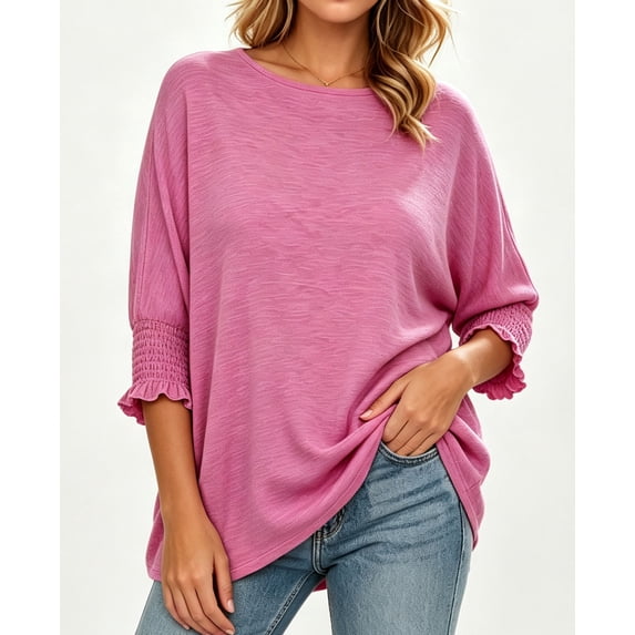Fall Blouses for women 3/4 Sleeve Tops with Smocked Cuffs Casual Tees Ladies Loose Tops (Women's)