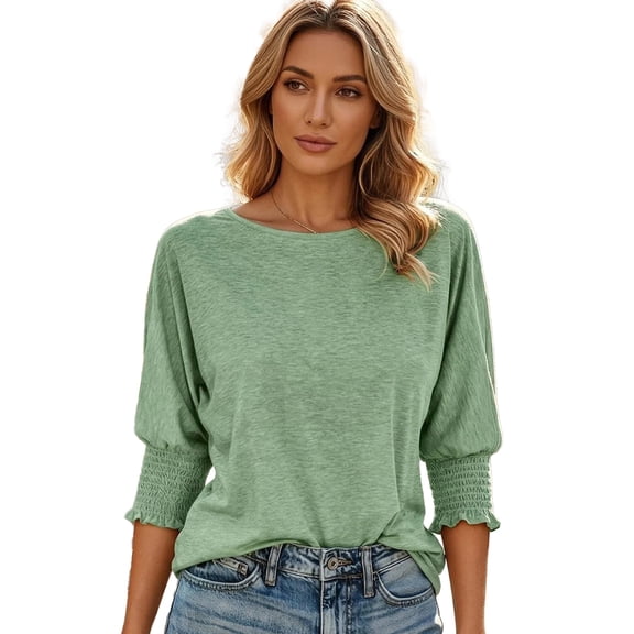 Gingprous 3/4 Sleeve Blouse for Women Smocked Cuffs Tee Tops Loose Casual Tee Shirt