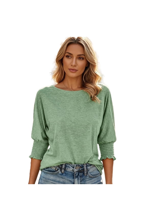 3/4 Sleeve Blouse for Women Smocked Cuffs Tee Tops Loose Casual Tee Shirt