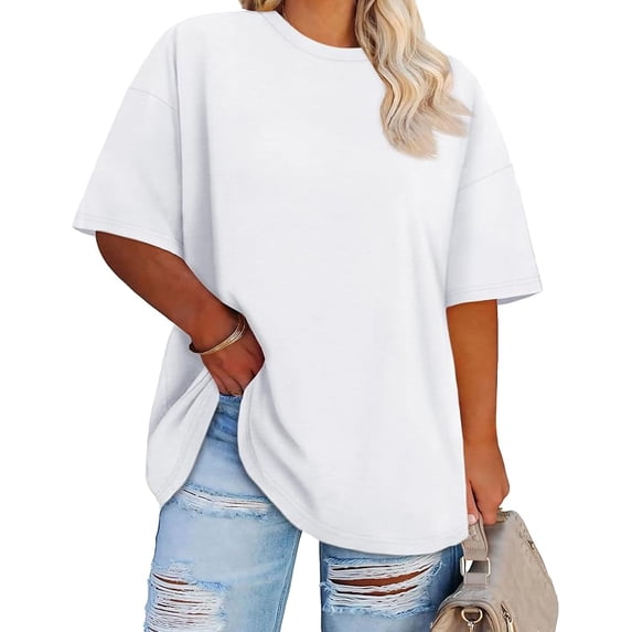 Gingprous Oversized Cotton Blend T-Shirt with Crewneck (Women's)