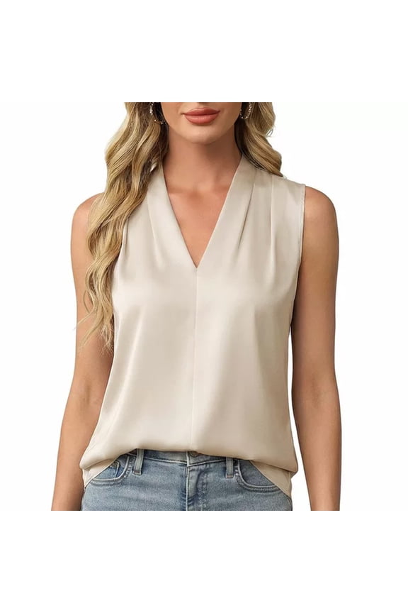 V Neck Pleated Tank Tops for Women Sleeveless Casual Business Blouse Summer Spring Lightweight Comfy Vest Shirt
