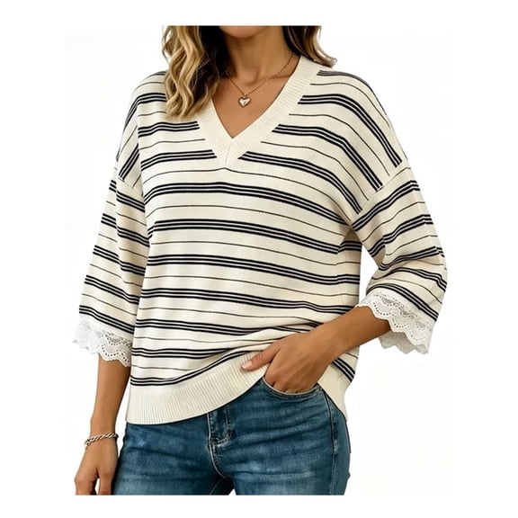 Women's Sweater Fall Striped Relaxed Knit V-Neck 3/4 Sleeve Pullover [Sweater]