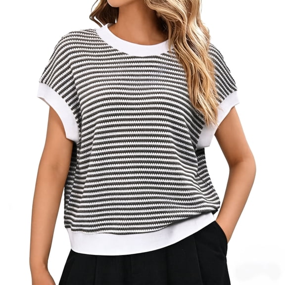 Gingprous Women's Striped Short Sleeve Sweater, Cap Sleeve Crew Neck Knit Top Pullover for Spring Summer