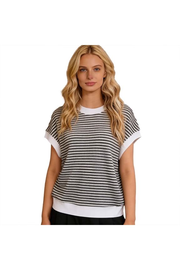 Womens Trendy Striped Knit Top Summer Lightweight Cap Sleeve Casual Office Wear with Stretch Comfort