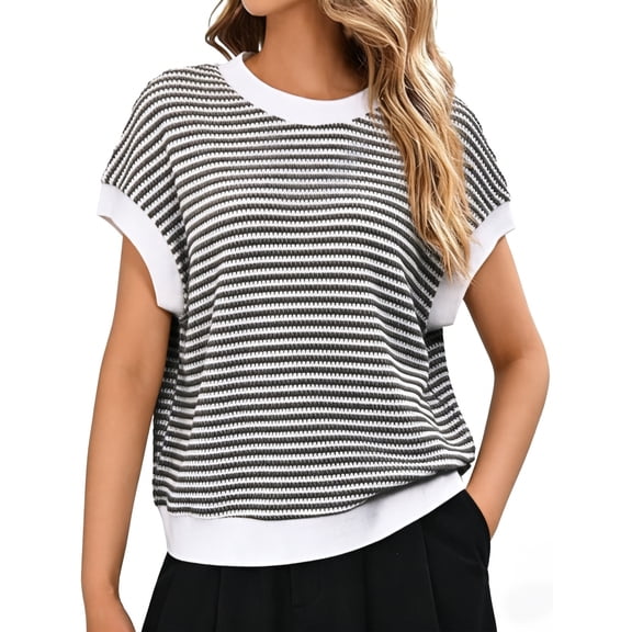 Gingprous Women's Striped Short Sleeve Sweater, Cap Sleeve Crew Neck Knit Top Pullover for Spring Summer