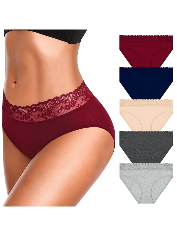 5pack Womens Lace Trimmed Cotton Bikini Underwear Soft Stretchy Panties Hipster Briefs for Ladies