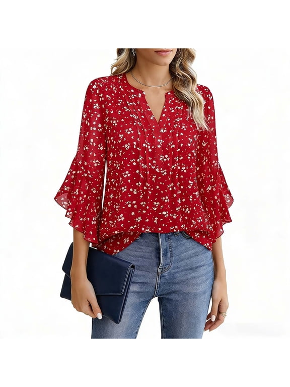 Women's 3/4 Sleeve Henley Blouse, V Neck Pleated Ruffle Sleeve Dressy Casual Top, Red Polka Dot