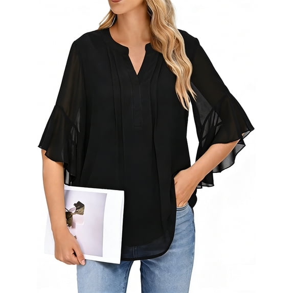 Gingprous Women's 3/4 Sleeve Blouse, Henley V Neck with Pleated Detail Ruffle Sleeve Dressy Casual Top, Black
