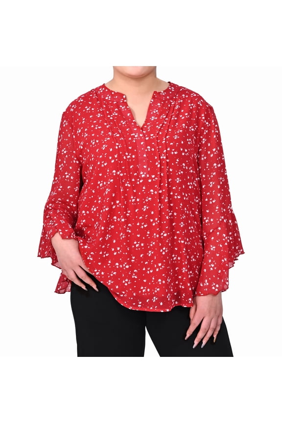 Chiffon V-neck Blouse for Women Ruffed 3/4 Sleeve Tops Baggy Casual Business Blouse