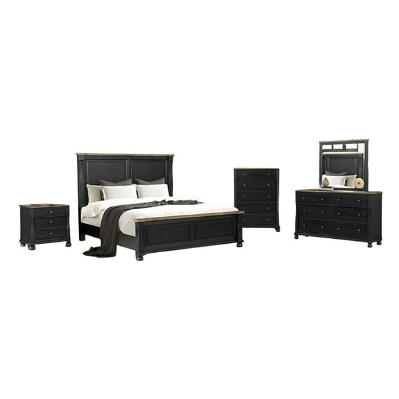 Ginie 5pc Queen Bedroom Set, USB Nightstand, Black Rustic Oak Brown