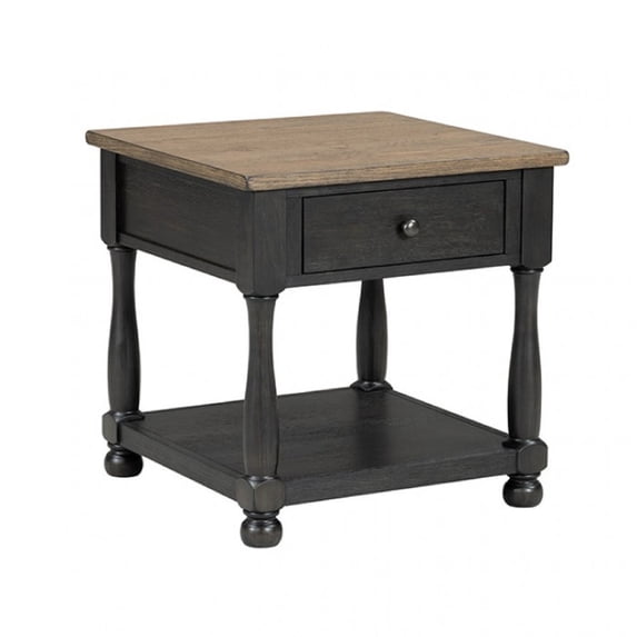Ginie End Table, 1 Drawer, Black Brown Solid Rubberwood, 24 Inch