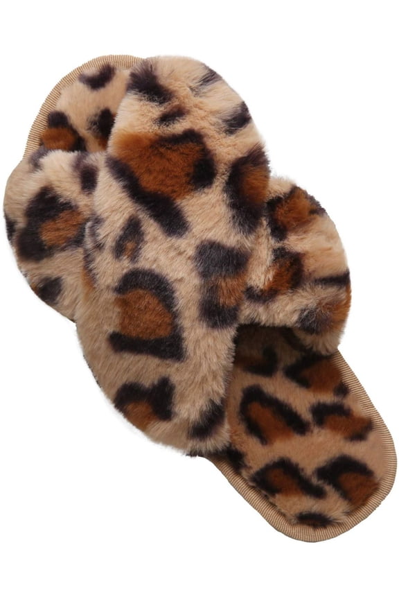 Ginisom Women's Fuzzy Slippers Cross Band Fluffy Open Toe House Slide Slipper