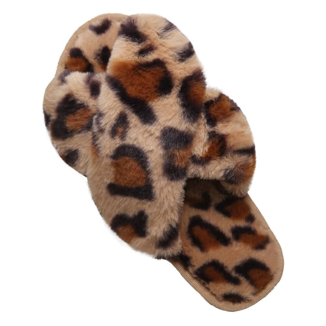 Ginisom Women's Fuzzy Slippers Cross Band Fluffy Open Toe House Slide Slipper