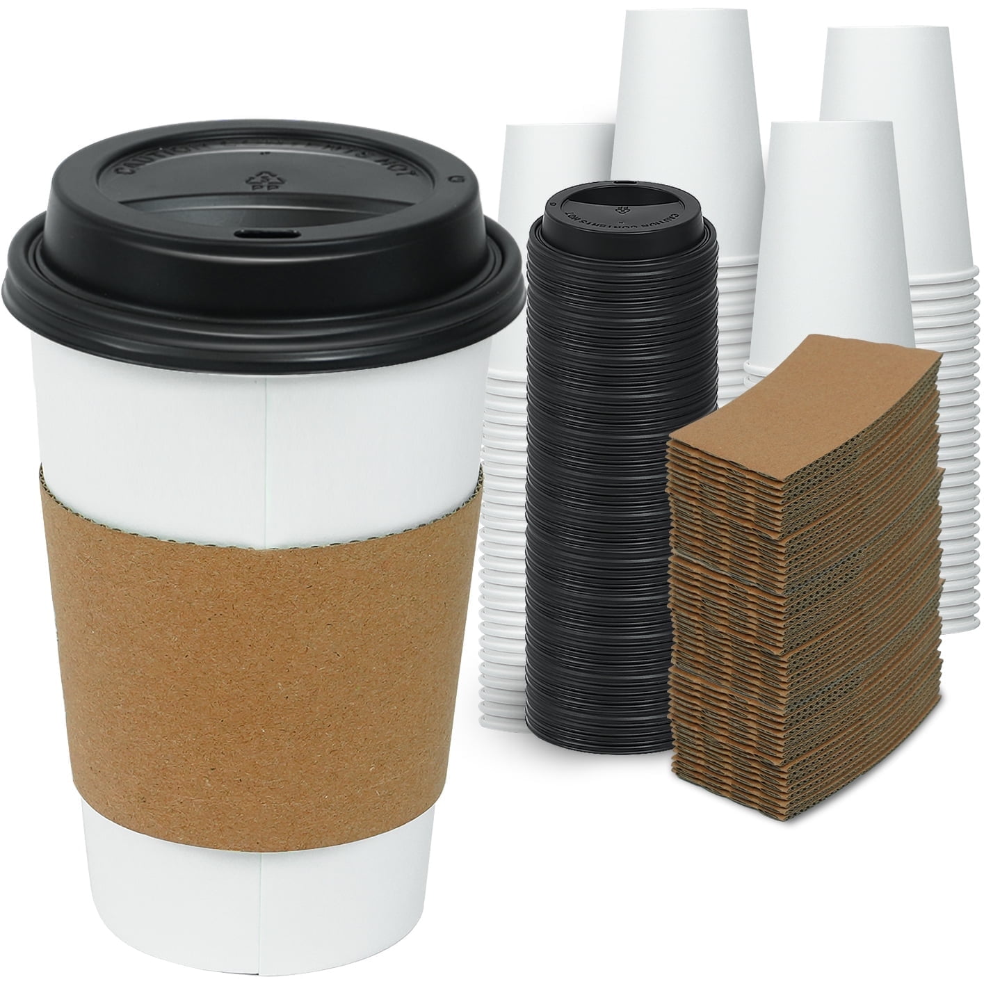 Ginkgo 100 Pack 16 oz Disposable To Go Coffee Cups with Lids and Sleeves Hot Paper Coffee Cups