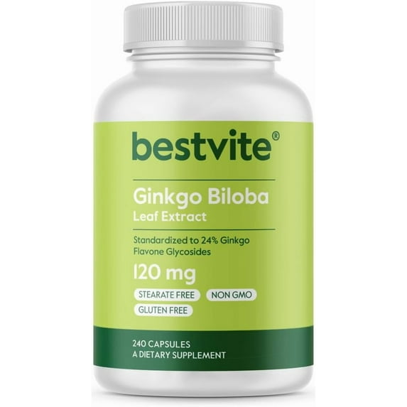 Ginkgo Biloba 120mg (240 Capsules) - Standardized to 24% Ginkgo Flavone Glycosides- No Stearates-Non GMO-Gluten Free