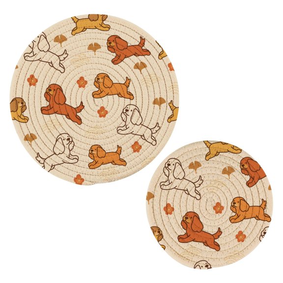 Ginkgo Biloba Dog Pattern Cotton Trivets Potholders Set of 2 Handmade Heat Resistant Non Slip Absorbent