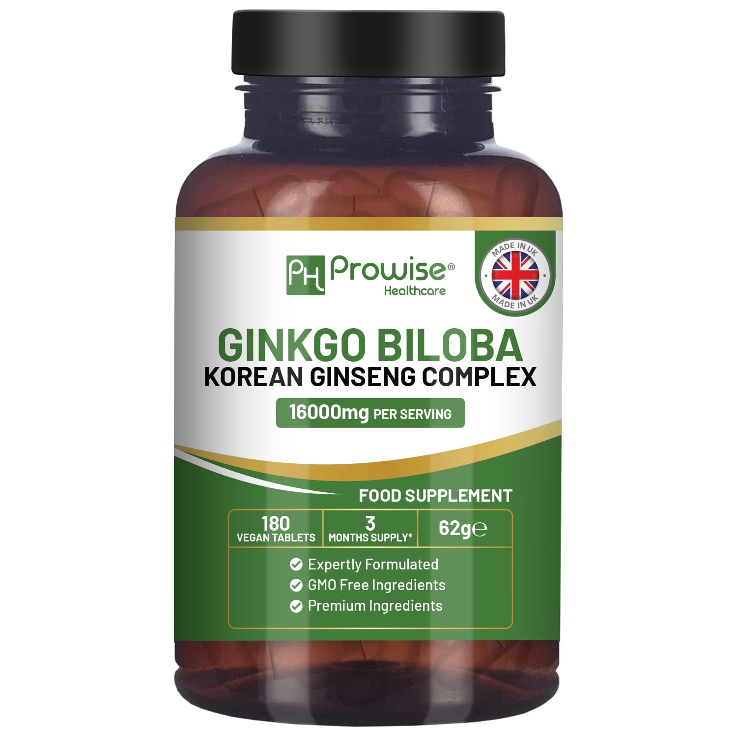 Ginkgo Biloba and Korean Ginseng Tablets 16000mg 180 Vegan Tablets by Prowise Healthcare