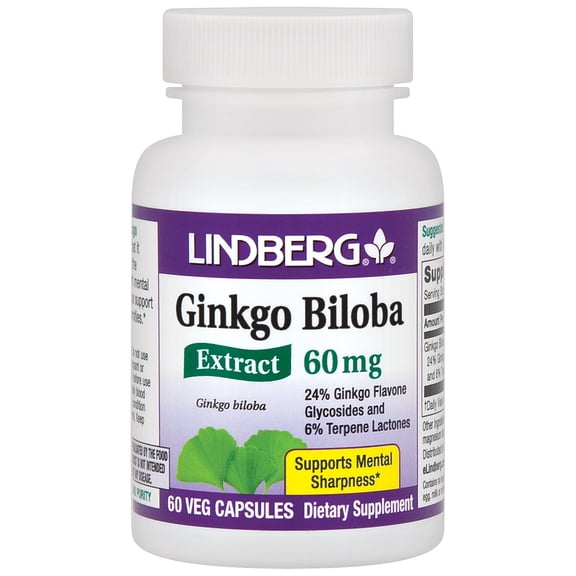 Ginkgo Biloba Pills | 60 Capsules | 60 mg | Non-GMO, Gluten Free Supplement | by Lindberg