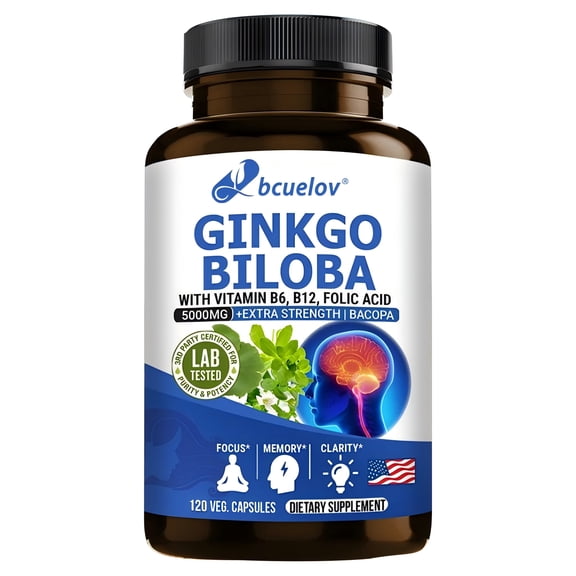 Ginkgo Biloba - with Vitamin B6, B12, Folic Acid - Supports Brain Function & Memory Support - 120 Capsules