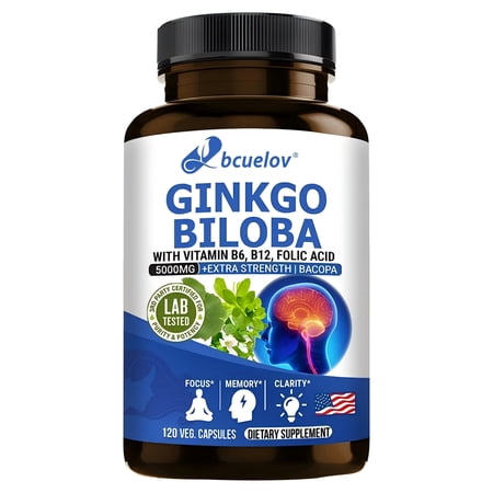 Bcuelov Ginkgo Biloba - with Vitamin B6, B12, Folic Acid - Supports Brain Function & Memory Support - 120 Capsules